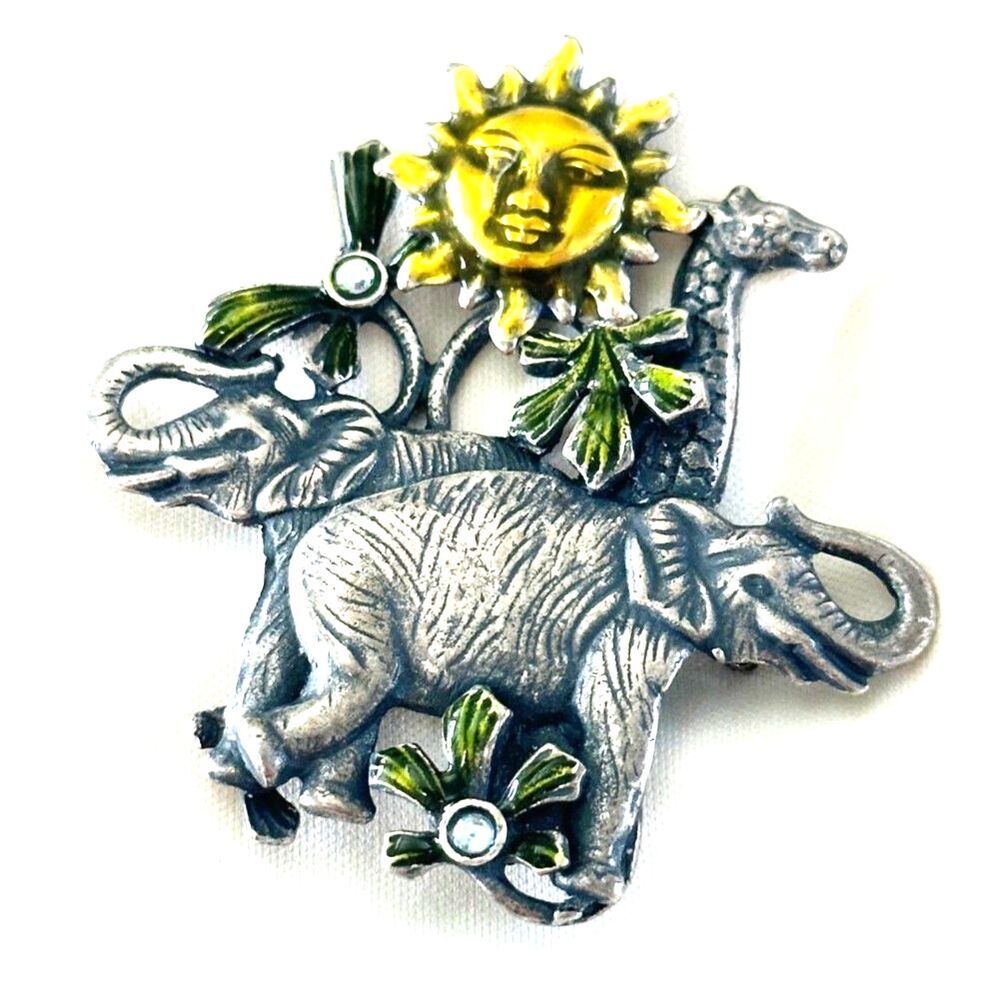 Vintage Elephant and Giraffe Figural Animal Brooch Silver Tone Enamel Sun